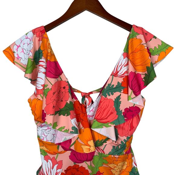 Trina Turk Sunny Bloom Ruffle Neck One Piece Swimsuit Pink Floral Women's 10 - Picture 2 of 10